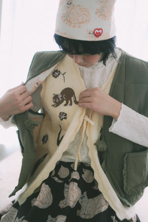 Black cat and floral embroidered lace vest