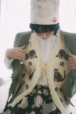 Black cat and floral embroidered lace vest