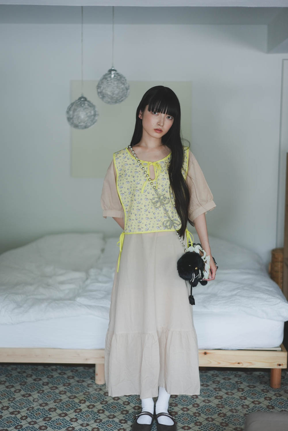 White cat floral midi knotted dress