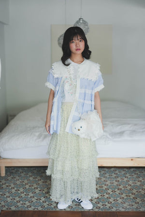 Little white cat floral tail three-layer tulle skirt