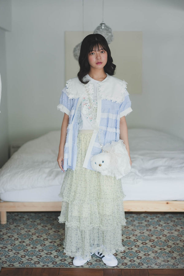 Little white cat floral tail three-layer tulle skirt