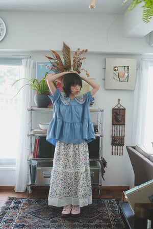 Cat head colorful floral hem layered skirt