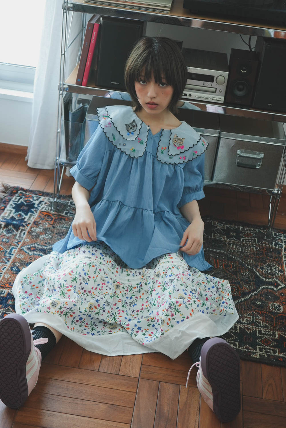 Cat head colorful floral hem layered skirt