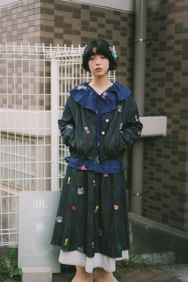 Cat Head Colorful Flower Embroidered Reversible Jacket