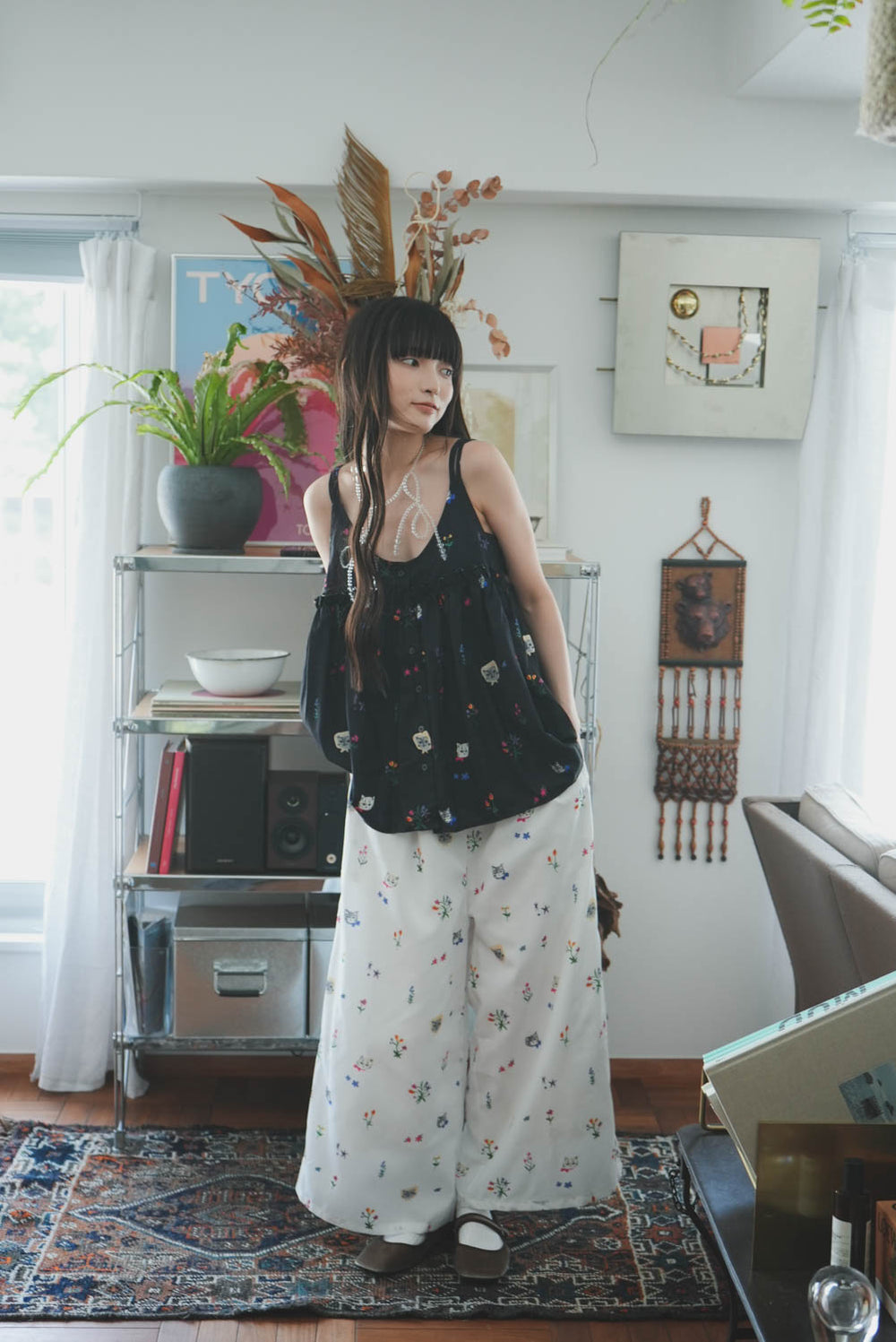 Cat head colorful floral wide pants