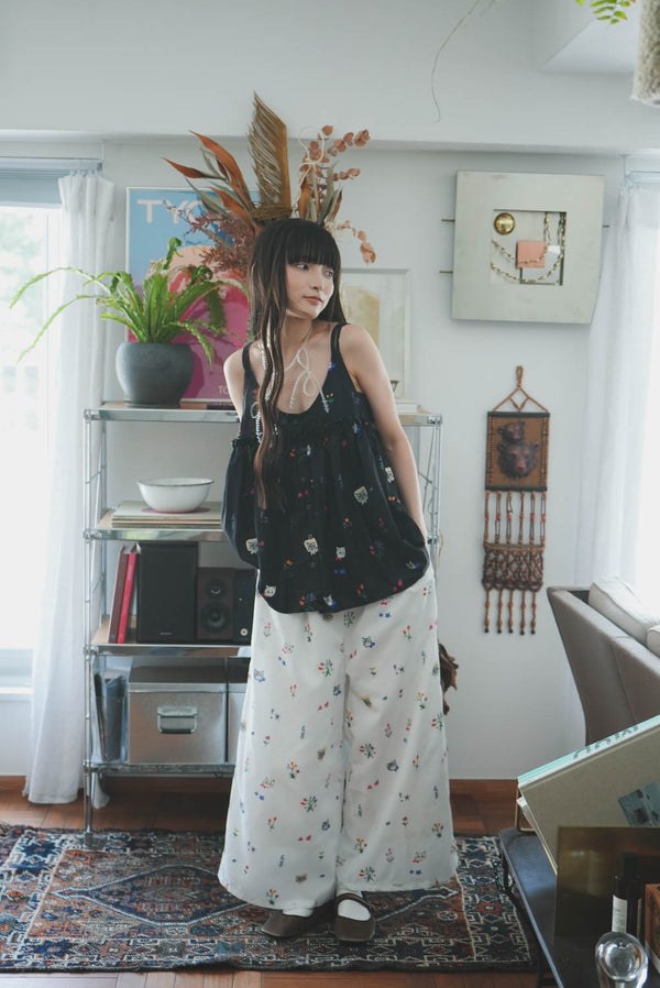 Cat head colorful floral wide pants