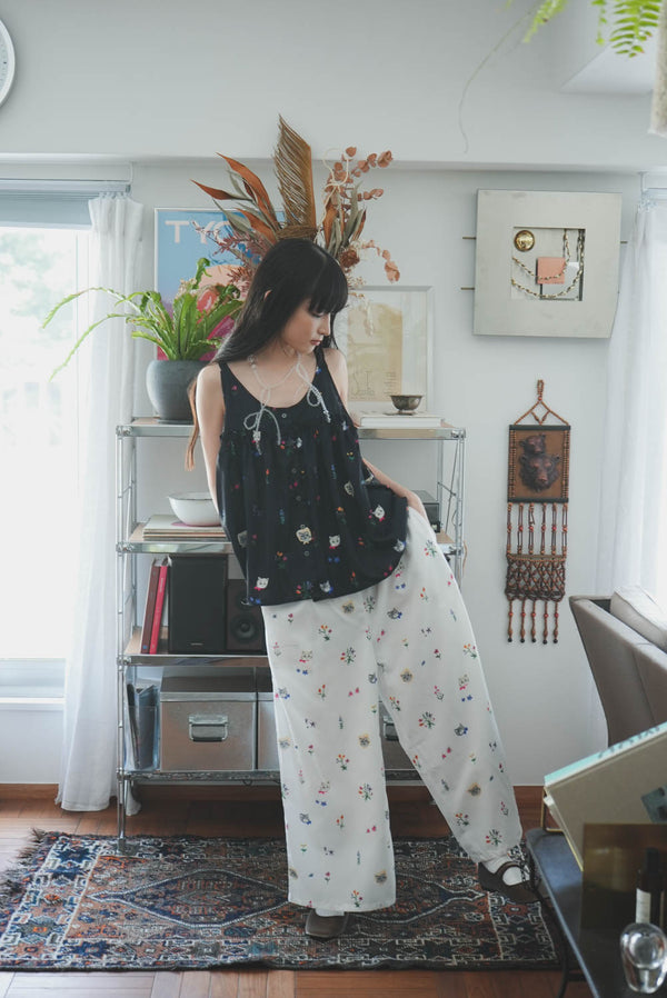 Cat head colorful floral wide pants