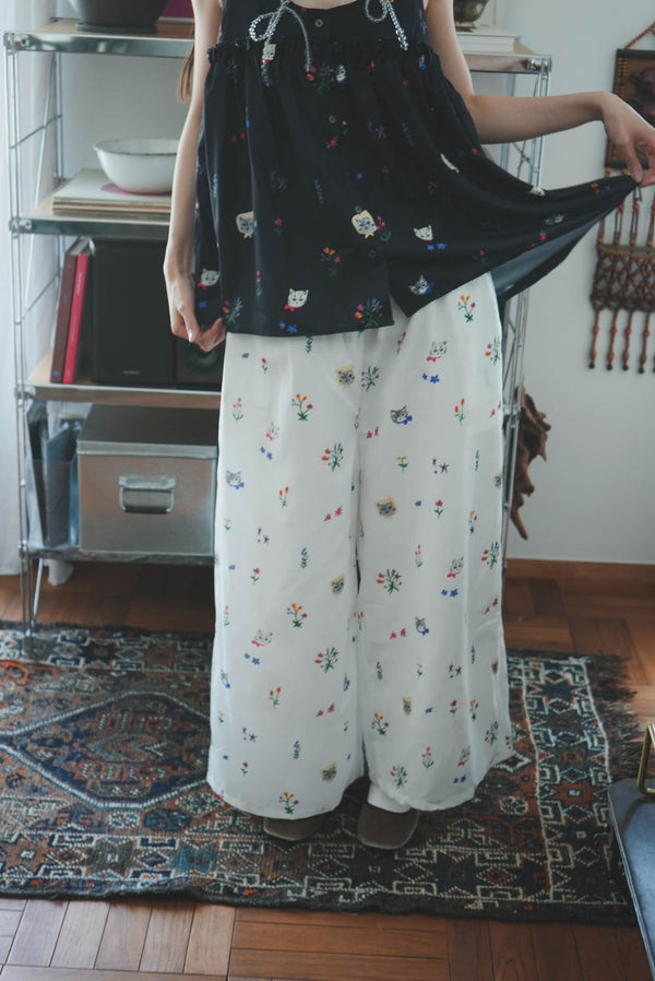 Cat head colorful floral wide pants