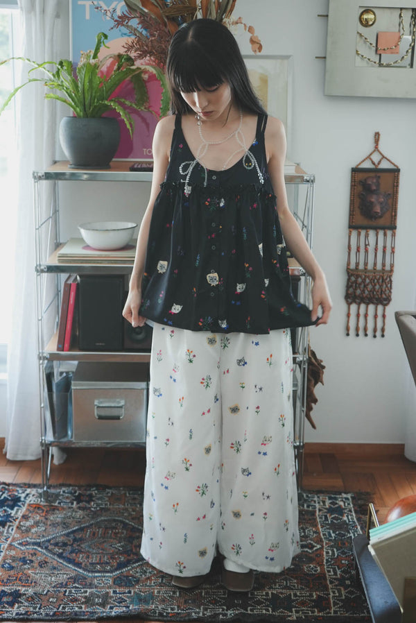 Cat head colorful floral wide pants