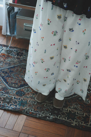 Cat head colorful floral wide pants
