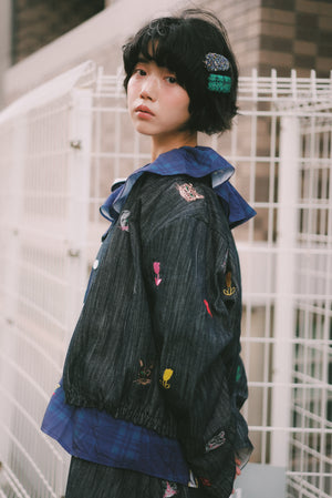 Cat Head Colorful Flower Embroidered Reversible Jacket