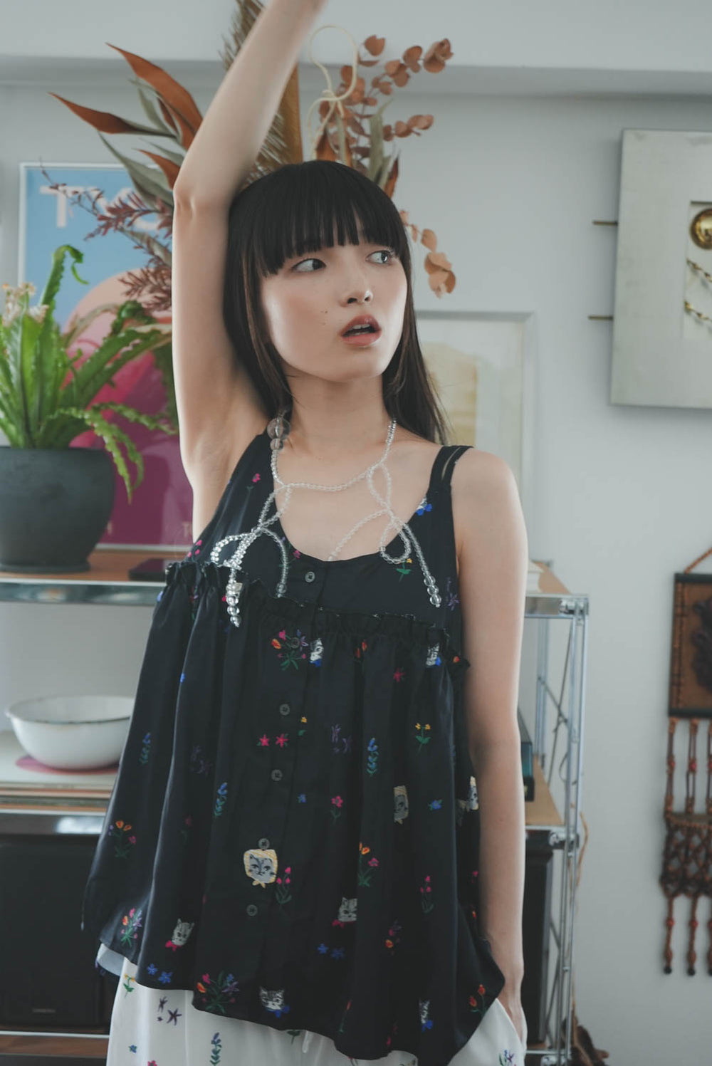 Cat head colorful floral camisole lace vest