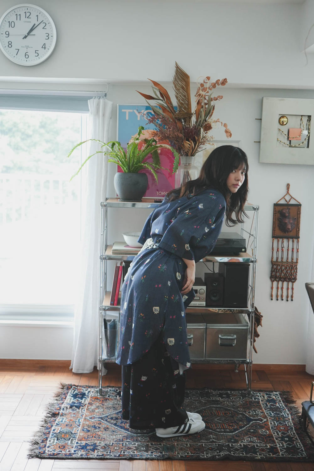 Cat head colorful floral short-sleeved long-sleeved shirt dress