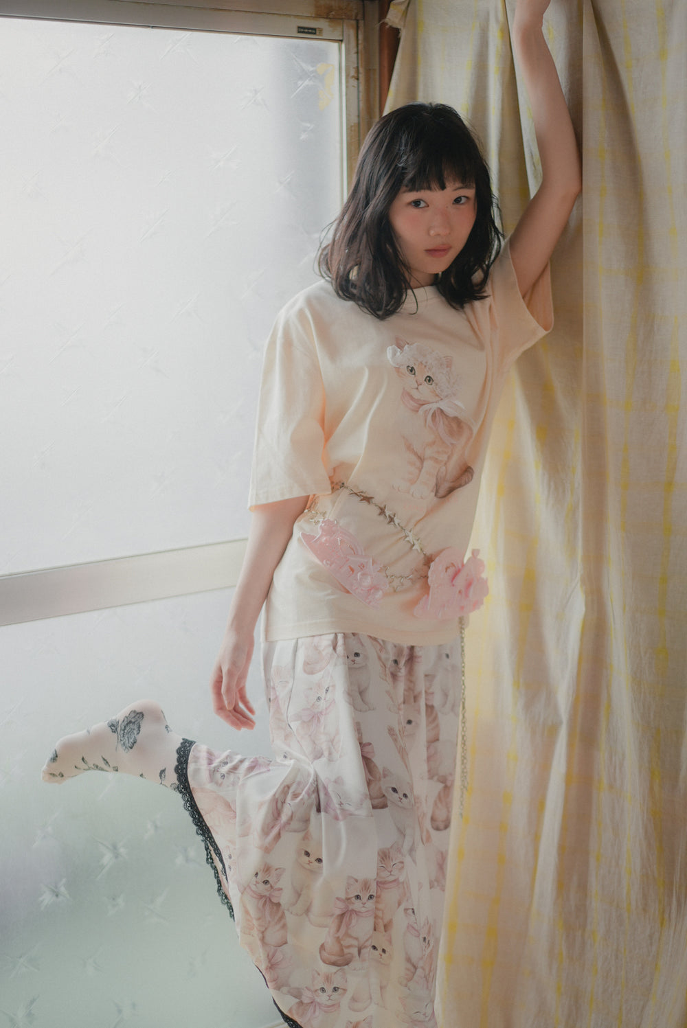 Pink Bow Cat Lace-Trim Skirt
