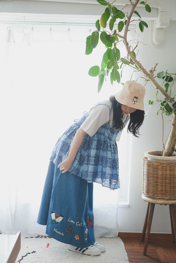 Cat Nordic Travel Guide Embroidered Denim A-Line Skirt