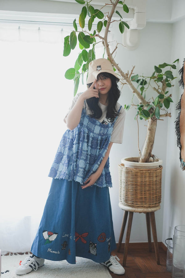 Cat Nordic Travel Guide Embroidered Denim A-Line Skirt