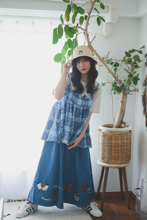 Cat Nordic Travel Guide Embroidered Denim A-Line Skirt