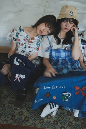 Cat Nordic Travel Guide Embroidered Denim A-Line Skirt