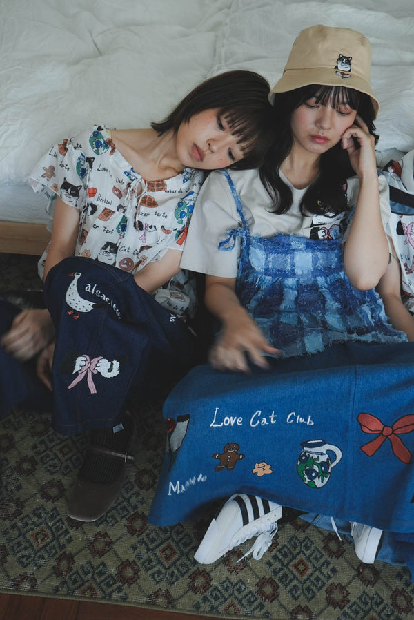 Cat Nordic Travel Guide Embroidered Denim A-Line Skirt