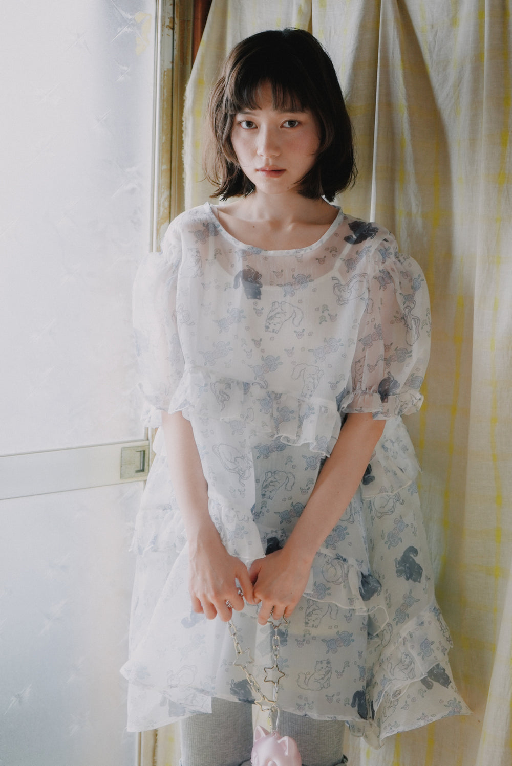Small rose floral fuzzy cat diagonal ruffle mesh dress