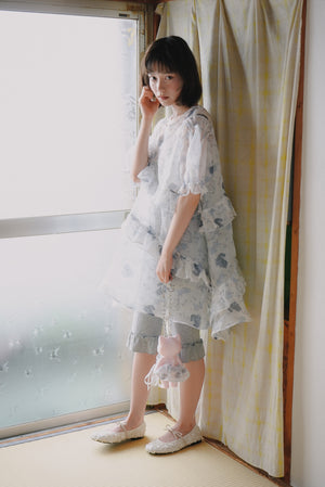 Small rose floral fuzzy cat diagonal ruffle mesh dress