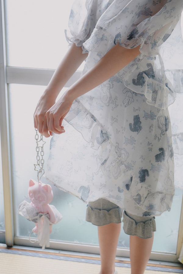 Small rose floral fuzzy cat diagonal ruffle mesh dress