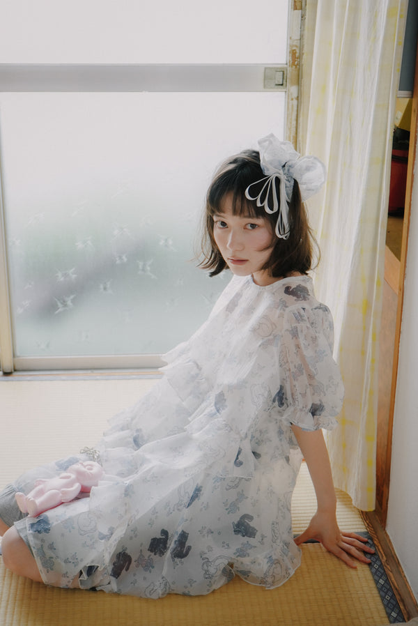 Small rose floral fuzzy cat diagonal ruffle mesh dress