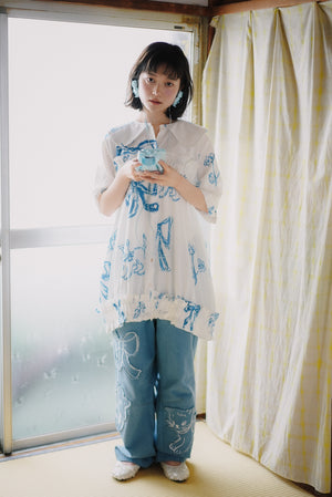 Blue Cat Bow Square Collar Ruffle Hem Long Shirt