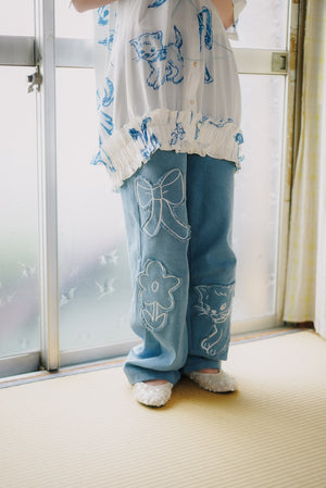 Cat and Flower Patch Denim Jeans