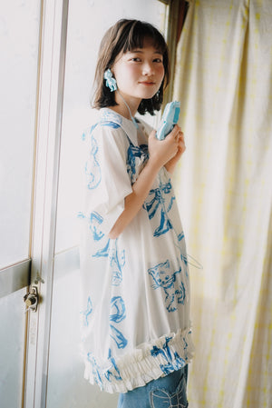 Blue Cat Bow Square Collar Ruffle Hem Long Shirt