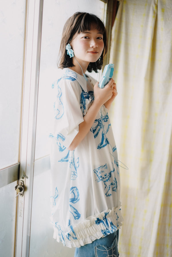 Blue Cat Bow Square Collar Ruffle Hem Long Shirt