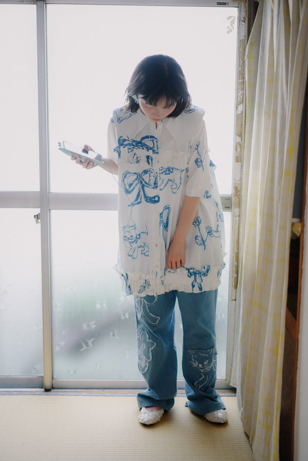 Blue Cat Bow Square Collar Ruffle Hem Long Shirt