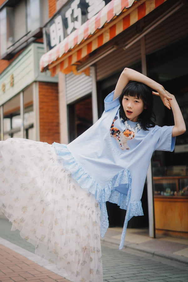 Calico Cat Button Doll Irregular Lace Top