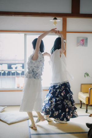 Bouquet Cat Print Tiered Skirt
