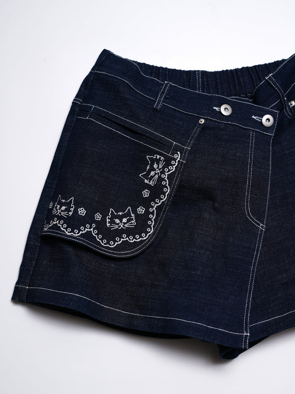 Denim culottes with cat embroidery bag