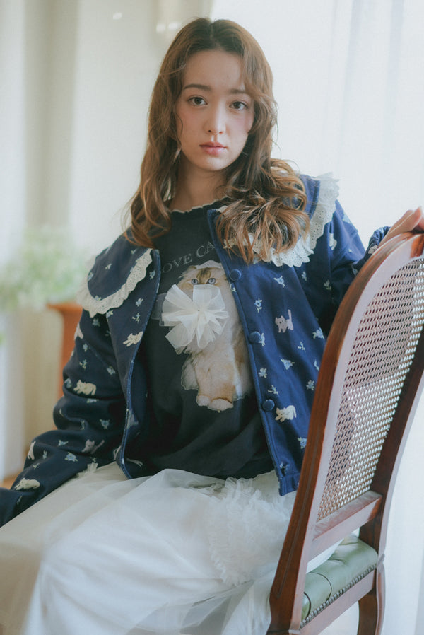 Angel Wings Cat-themed Sweatshirt with Bow and Rolled Edge