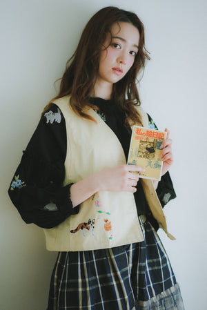 Four-color cat floral print RUFFLE collar T-shirt