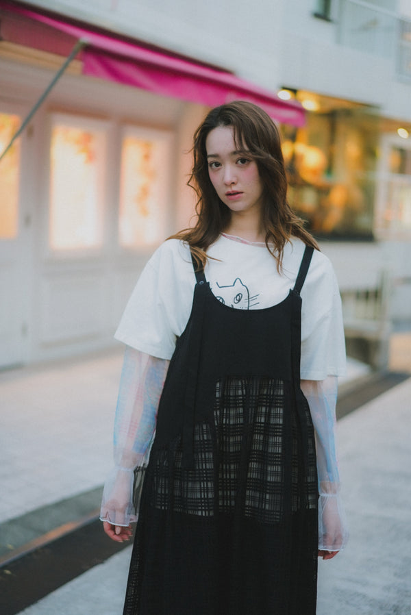 Girly Cats Patch Sheer Sleeve Faux Two-Piece Tee