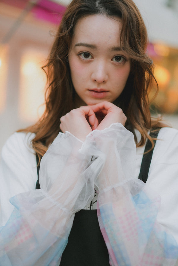 Girly Cats Patch Sheer Sleeve Faux Two-Piece Tee