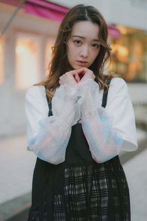 Girly Cats Patch Sheer Sleeve Faux Two-Piece Tee