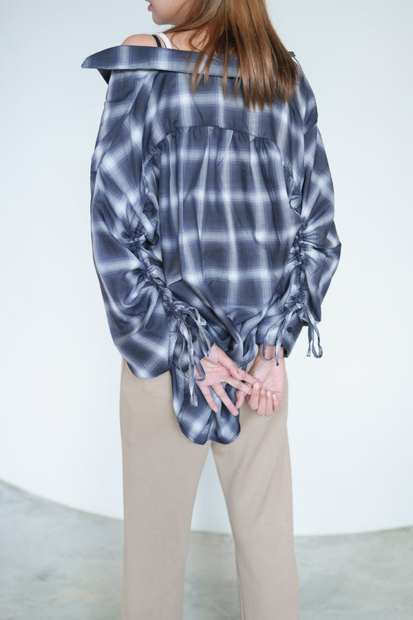 Sheer Check Overshirt with Pleated Sleeves