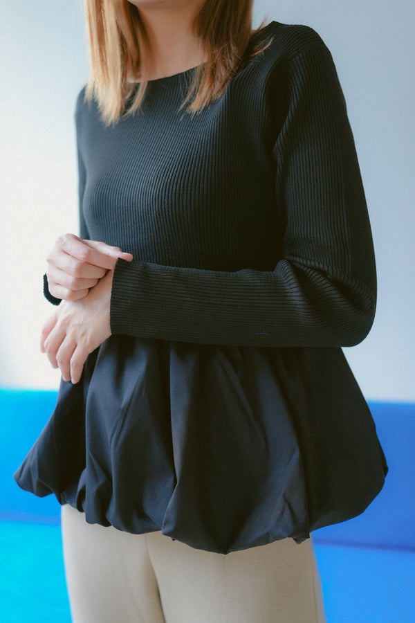 Sponge-knit ruffled balloon-sleeve pullover