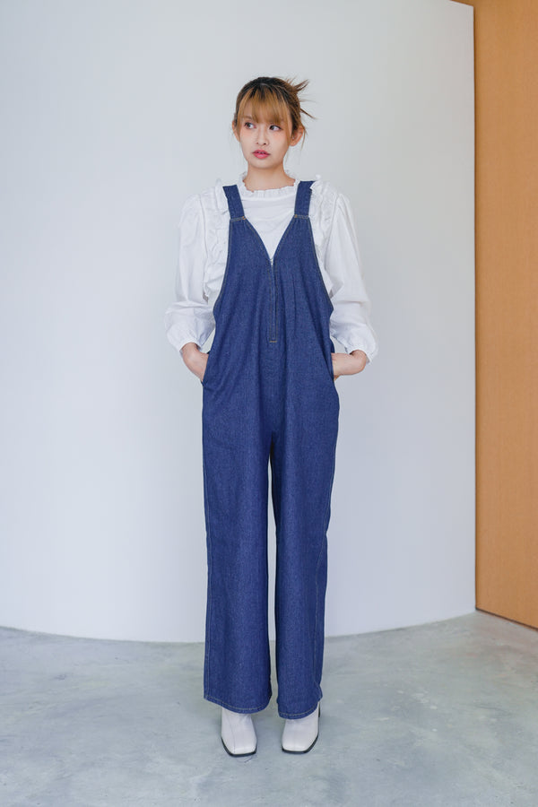 Denim front zipper V-neck overalls