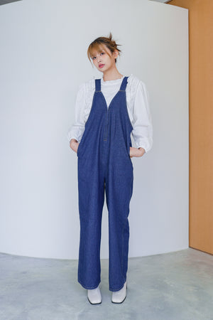 Denim front zipper V-neck overalls