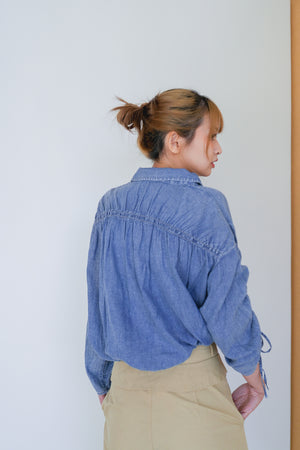 2.5oz sheer denim pleated sleeve shirt