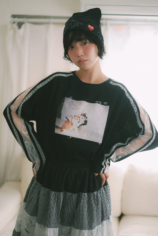 Camera Cat Rhinestone Lace Sleeve Tee