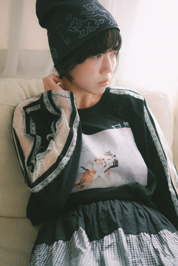 Camera Cat Rhinestone Lace Sleeve Tee