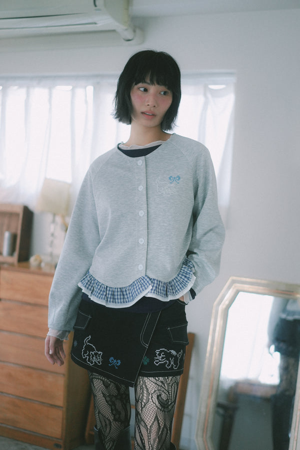 Cross-stitch cat checkered ruffled coat