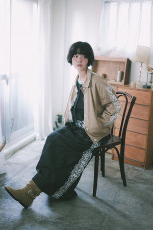 Lace cat print denim midi skirt