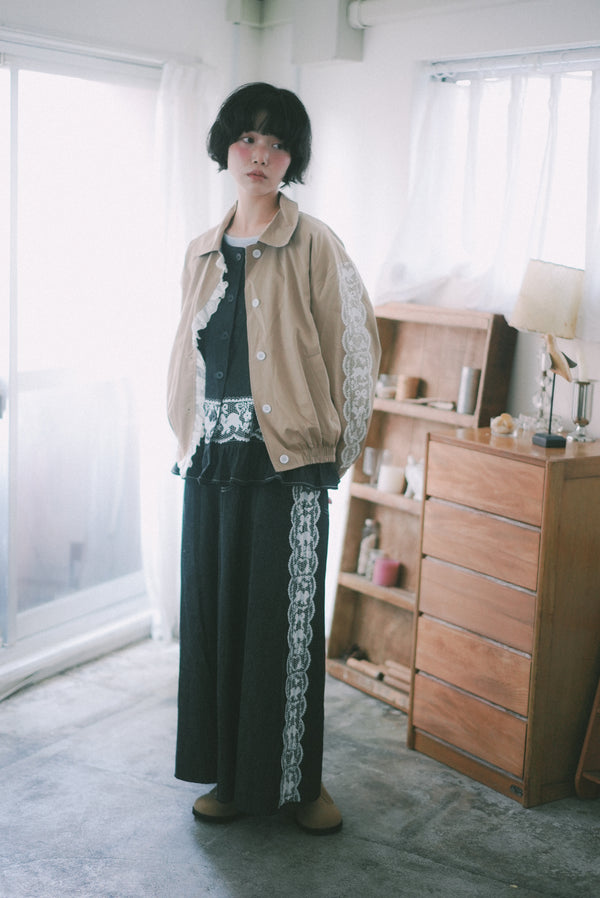 Lace cat print denim midi skirt